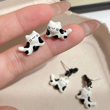 DAIIIBABYYY  -  Cute Cartoon White Black Color Cat Stud Earrings for Women Korean Fashion Charm Fish Bones Ear Stud Earring Jewelry Gift
